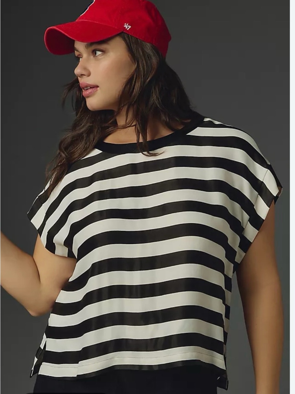 Like New ANTHROPOLOGIE Maeve Batwing Button-Back Tee Black / White Stripe Sz: S